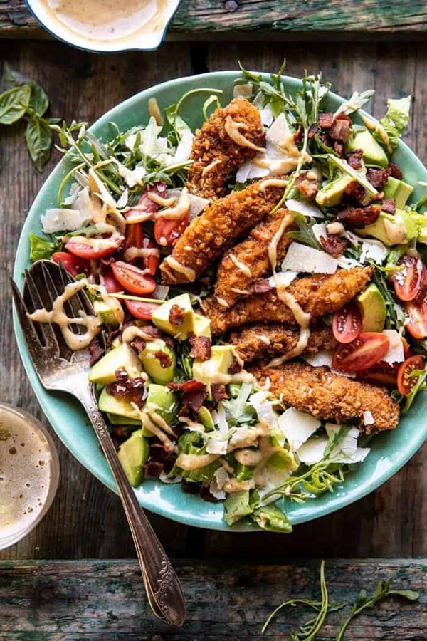 Honey mustard pretzel chicken and avocado bacon salad
