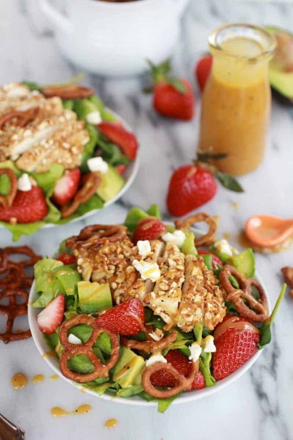 Honey mustard pretzel crusted chicken salad with spicy honey mustard dressing