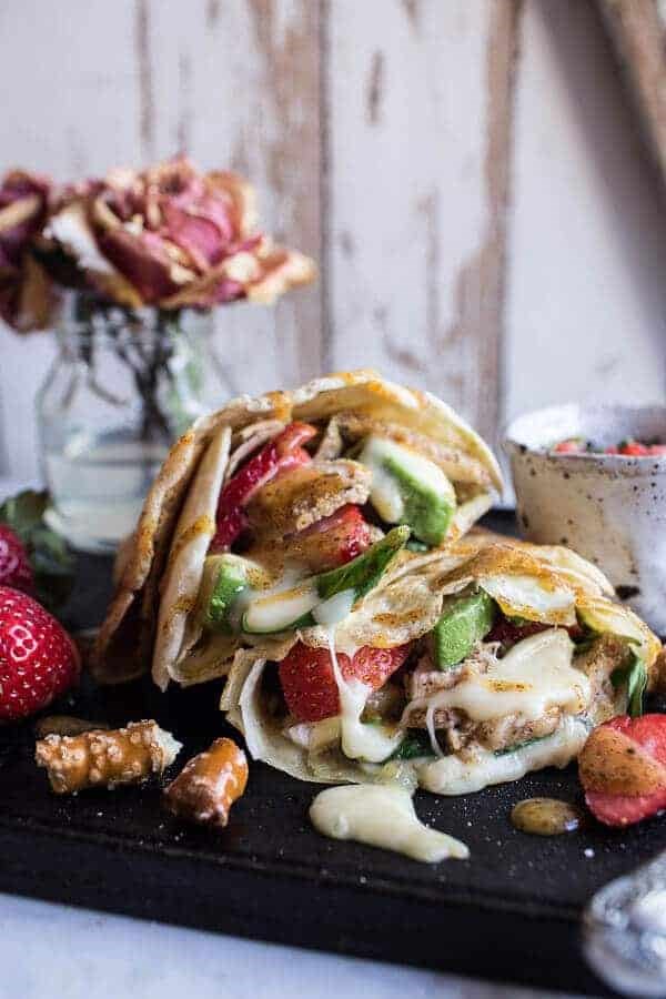Honey mustard pretzel crusted chicken and Brie crepes with strawberry basil salsa
