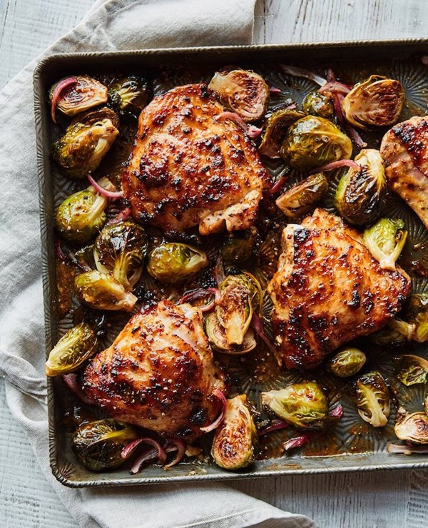 Honey mustard sheet pan chicken with Brussels sprouts