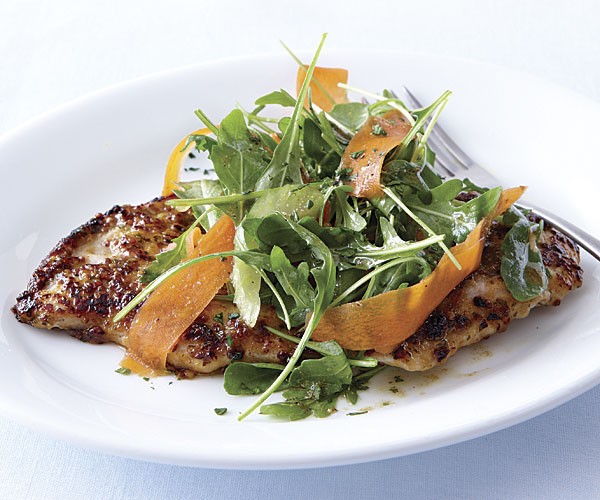 Honey-mustard turkey cutlets with arugula, carrot, and celery salad