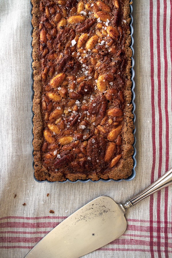 Honey-nut tart with chocolate rye crust