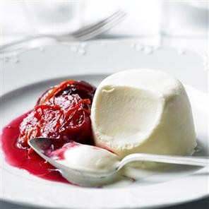 Honey parfait with mulled red wine plums