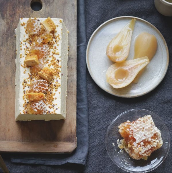 Honey parfait with poached pears, honeycomb and lemon curd