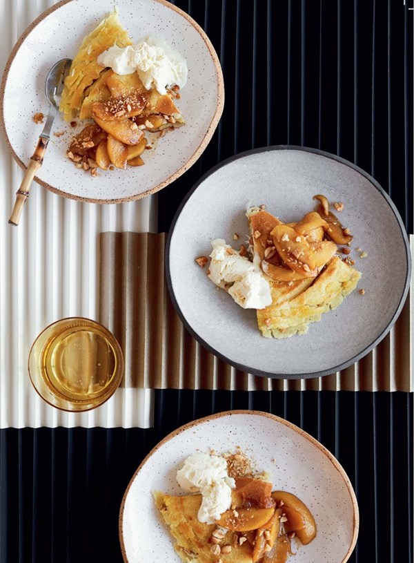 Honey, peanut & coconut pancakes with caramelised apples