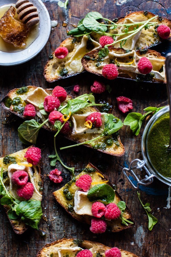 Honey raspberry Brie crostini with basil oil