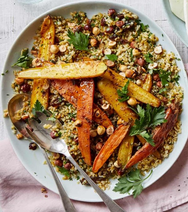 Honey-roast carrot and hazelnut salad with freekeh   
