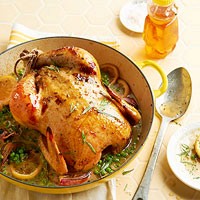 Honey roast chicken with spring peas and shallots