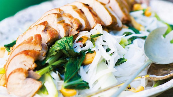 Honey roast pork with stir-fried noodles