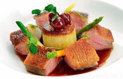 Honey-roasted breast of duck with griottine cherries