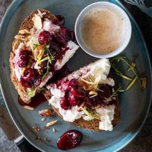 Honey-roasted cherry & ricotta tartine