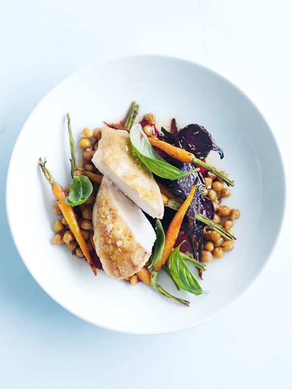 Honey-roasted chicken, chickpea and carrot salad
