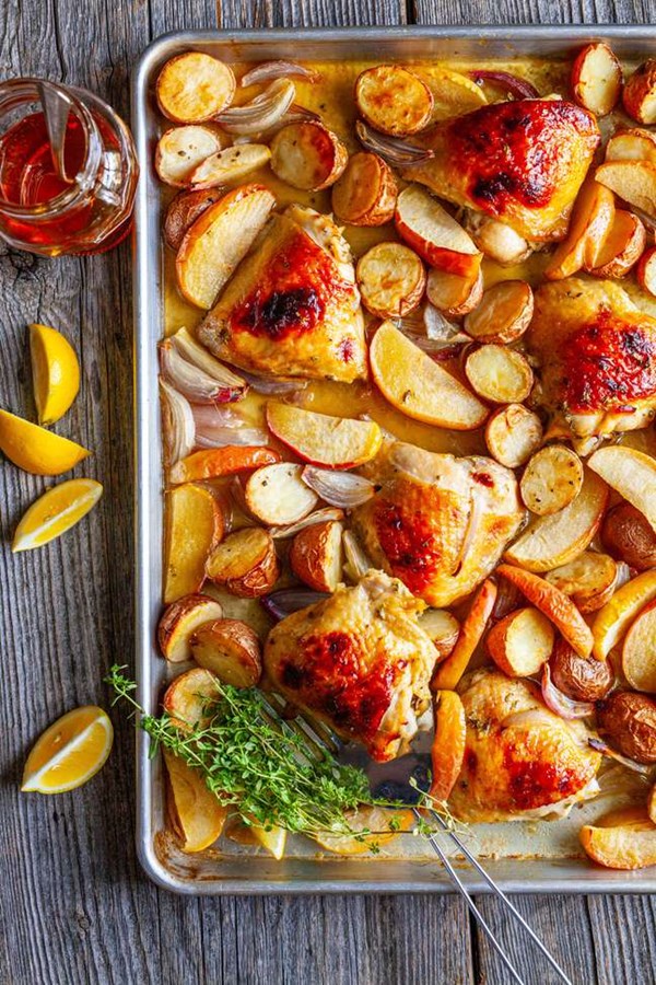 Honey roasted chicken thighs with potatoes, apples, and shallots