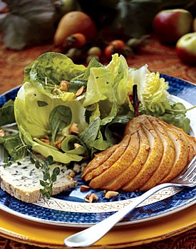 Honey-roasted pear salad with thyme verjus dressing