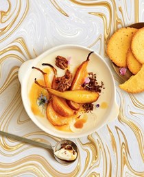Honey-roasted pears with polenta & cardamom biscuits