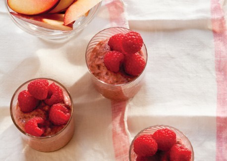 Honey-roasted plum and raspberry chia pudding