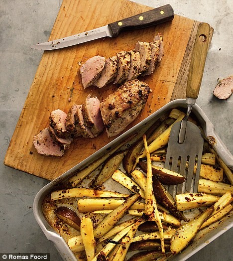 Honey-roasted pork fillet with pears and parsnips