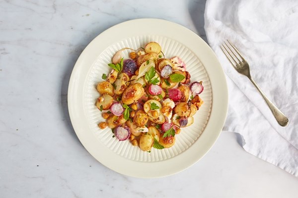  Honey-roasted radishes with chickpeas and herbs