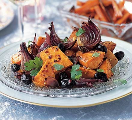 Honey-roasted sweet potato with red onions