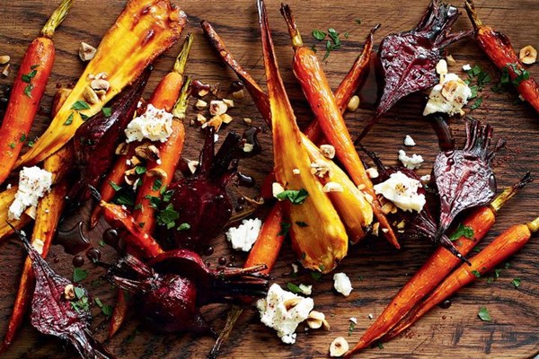 Honey-roasted vegetables with hazelnut and goat's cheese