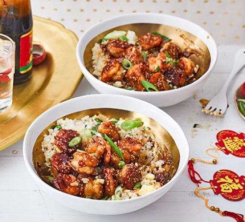 Honey, sesame & orange king prawns
