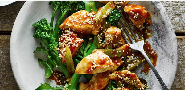 Honey-sesame chicken with long-stemmed broccoli