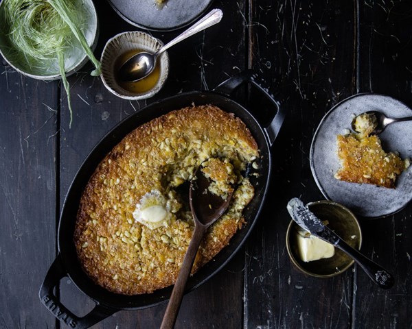 Honey sesame corn pudding