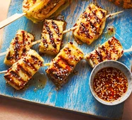 Honey-sesame halloumi skewers