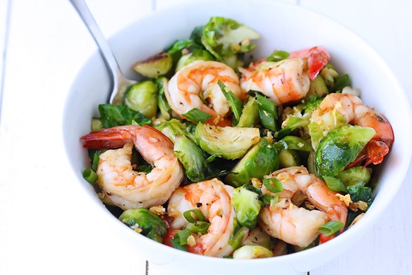 Honey sesame shrimp with Brussels sprout stir fry