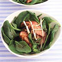 Honey soy duck salad with baby spinach, mint and salad onions