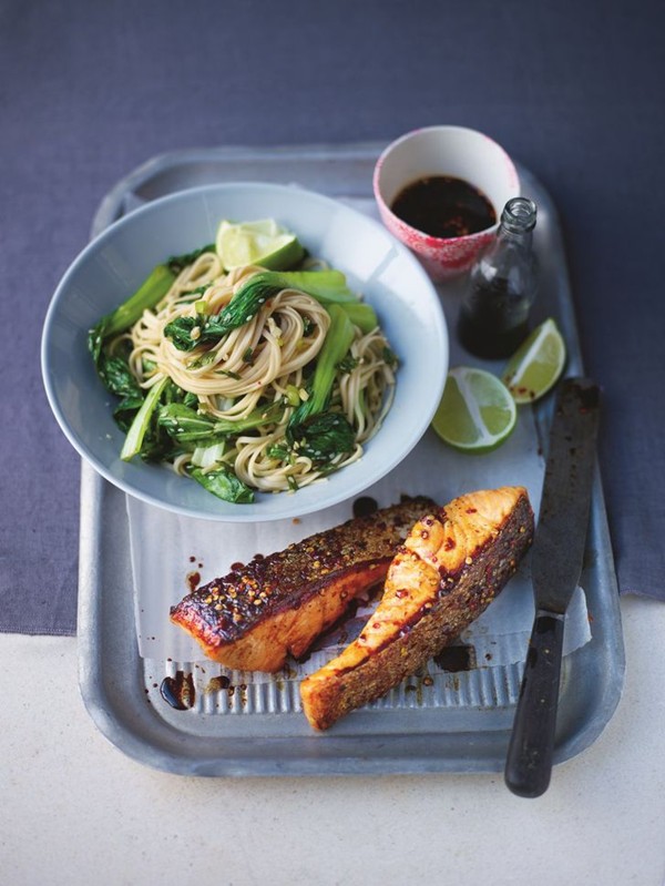 Honey soy-glazed salmon with sesame & ginger noodles & stir-fried bok choy