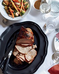 Honey-soy-roasted pork with braised vegetables