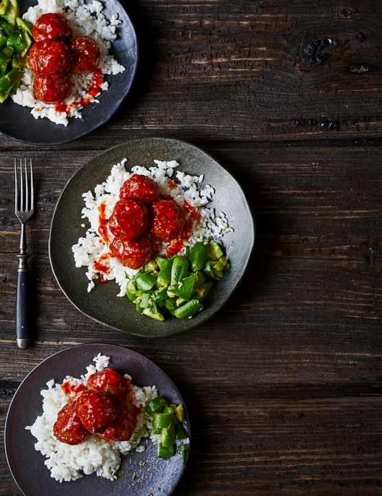 Honey-Sriracha glazed meatballs and smashed cucumbers