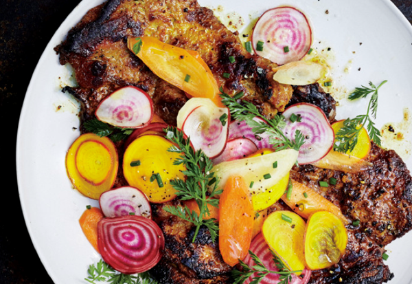 Honey-turmeric pork with beet and carrot salad