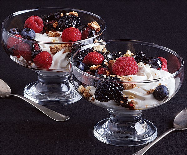 Honey-vanilla Greek yogurt mousse with sticky balsamic berries