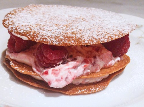 Honey wafers with bruised raspberries