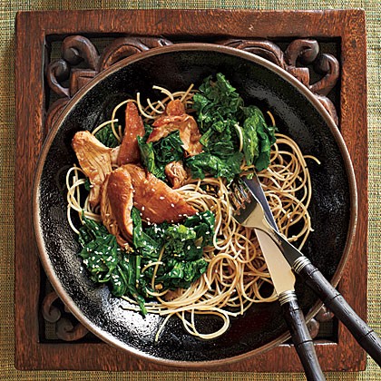 Honey-wine braised chicken thighs with mustard greens