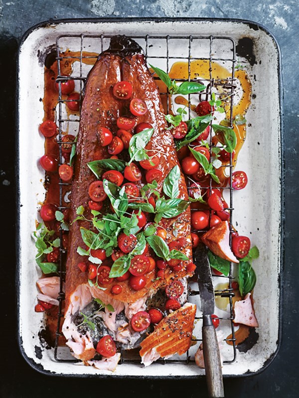 Honey wood-smoked salmon with quick-pickled tomato