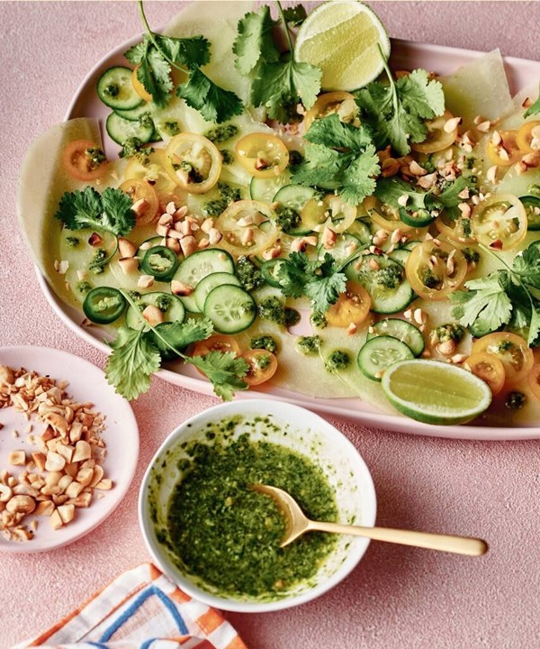 Honeydew carpaccio with coriander pesto