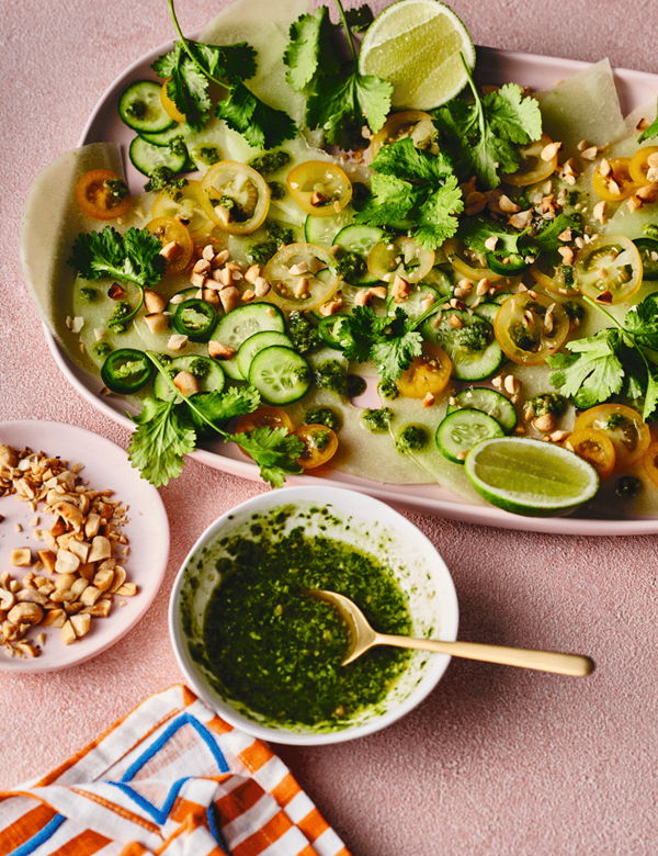 Honeydew carpaccio with coriander pesto
