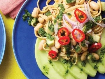Honeydew-cucumber noodles [lime-cilantro vinaigrette]