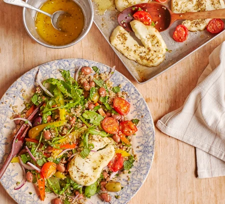 Honeyed halloumi and borlotti bean salad (Jess Shand)