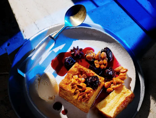 Hong Kong French toast with smoked cinnamon ice-cream and spiced cherry sauce