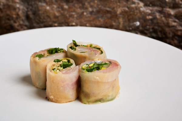 Horse mackerel rolls with hazelnut miso