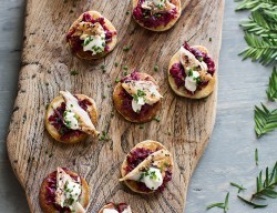 Horseradish blinis with buttered beetroot & smoked mackerel