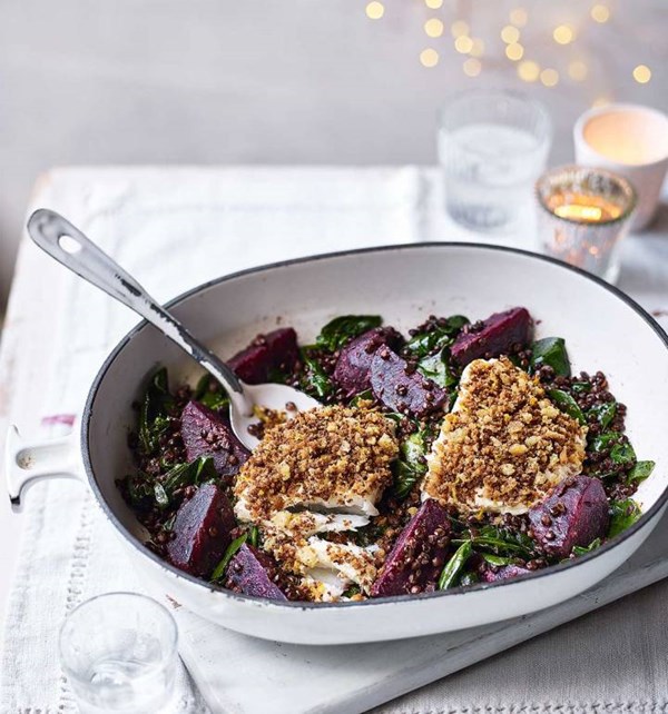 Horseradish-crusted cod with beetroot lentils