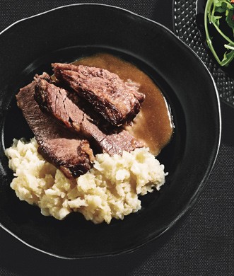 Horseradish-glazed brisket and short ribs with root vegetable mash