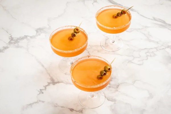 Hot and dirty martini with fermented tomato hot sauce