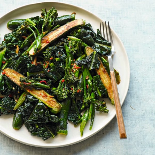 Hot and fiery greens with anchovies (Cai xao ot ca com)