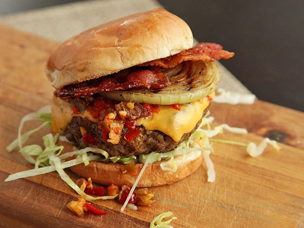 Hot and smoky cheeseburgers with bacon and pickled cherry pepper relish